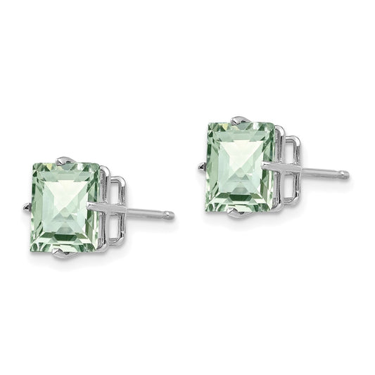 14K White Gold Princess 4-Prong 8.0mm Checker-cut Green Quartz Earrings