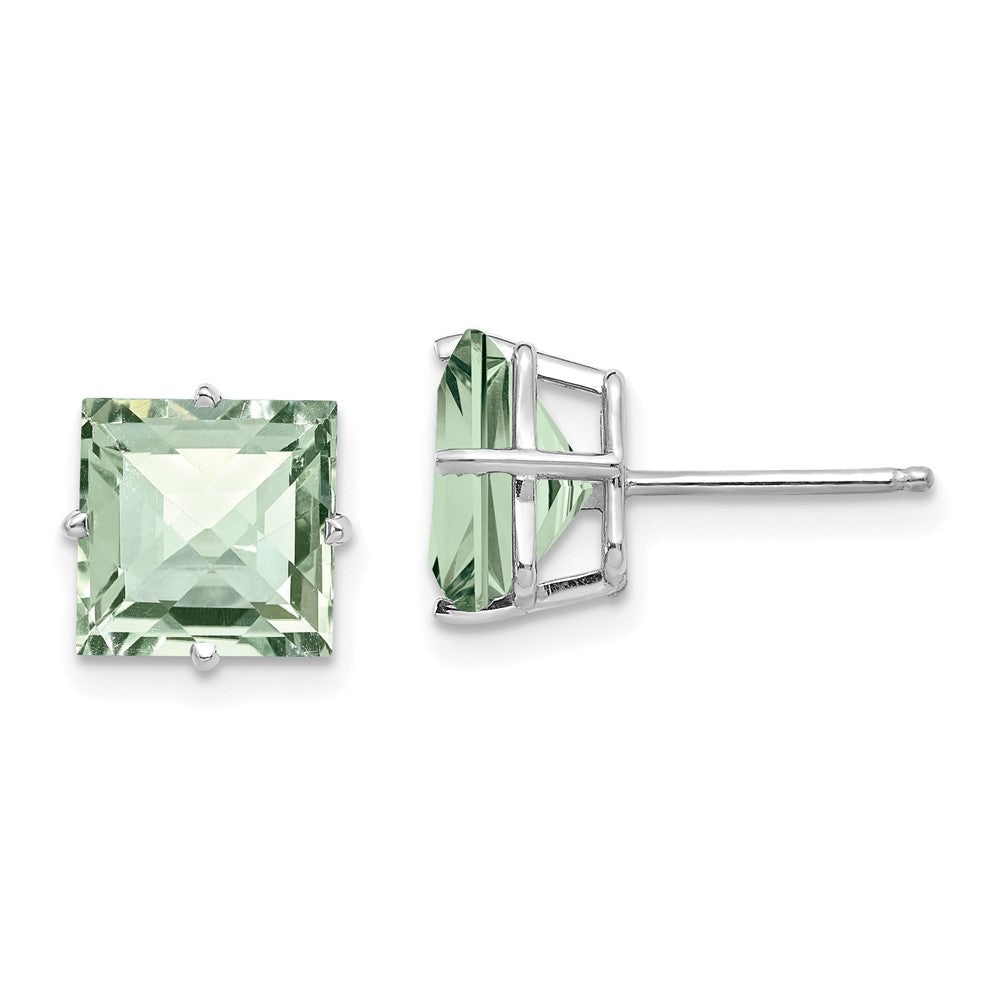 14K White Gold Princess 4-Prong 8.0mm Checker-cut Green Quartz Earrings