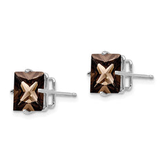 14K White Gold Princess 4-Prong 8.0mm Checker-cut Smokey Quartz Stud Earrings