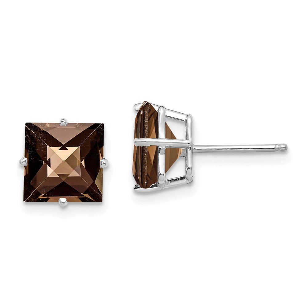 14K White Gold Princess 4-Prong 8.0mm Checker-cut Smokey Quartz Stud Earrings