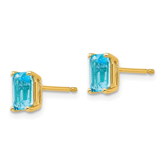 14K Yellow Gold 6x4mm Emerald-cut Blue Topaz Stud Earrings