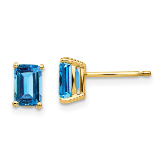 14K Yellow Gold 6x4mm Emerald-cut Blue Topaz Stud Earrings