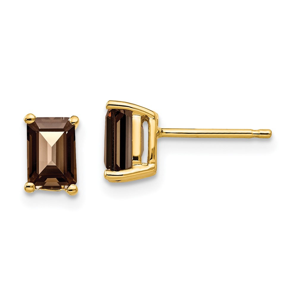 14K Yellow Gold 6x4 Emerald Smokey Quartz Stud Earrings