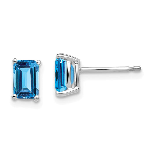 14K White Gold 6x4mm Emerald-cut Blue Topaz Stud Earrings