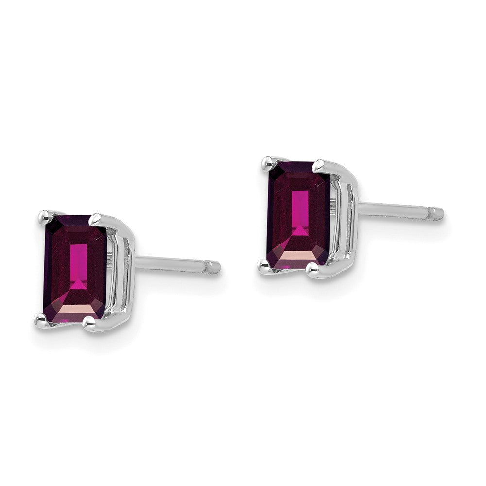 14K White Gold Emerald-cut Rhodolite Garnet Stud Earrings