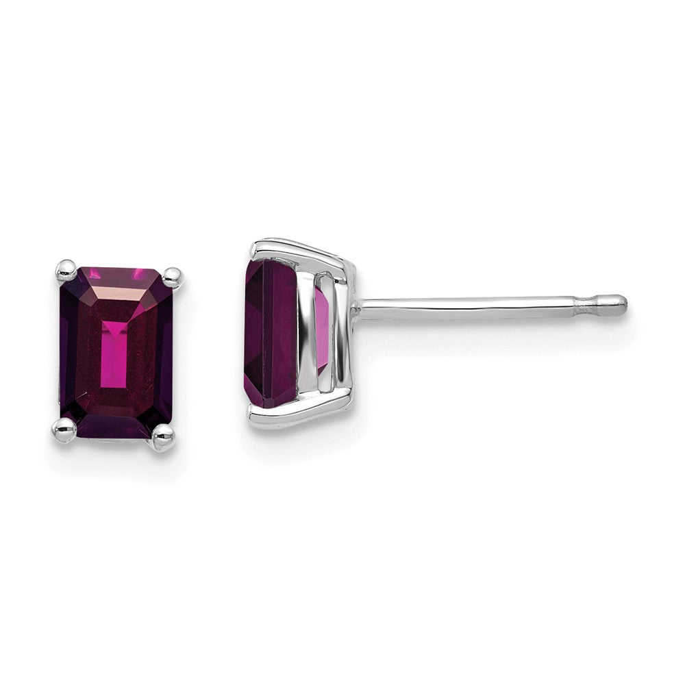 14K White Gold Emerald-cut Rhodolite Garnet Stud Earrings