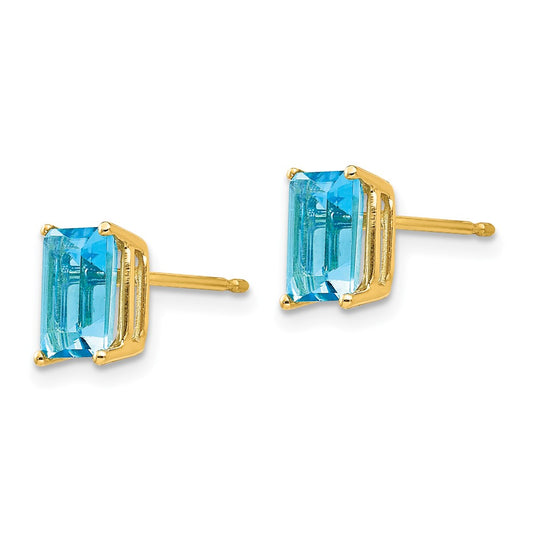 14K Yellow Gold 7x5mm Emerald-cut Blue Topaz Stud Earrings