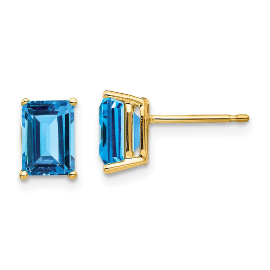 14K Yellow Gold 7x5mm Emerald-cut Blue Topaz Stud Earrings