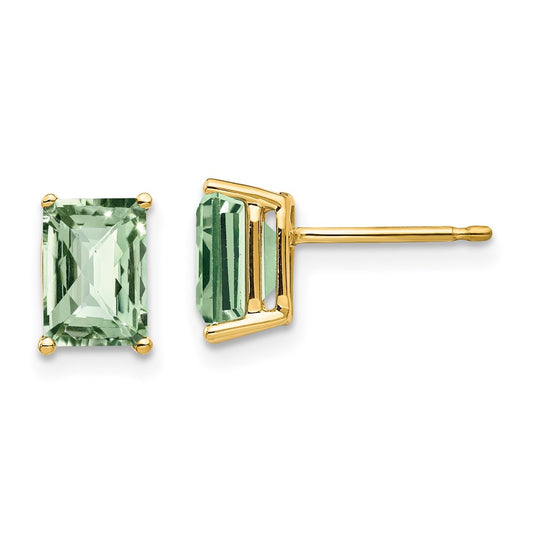 14K Yellow Gold 7x5 Octagon Checker-cut Green Quartz Earrings