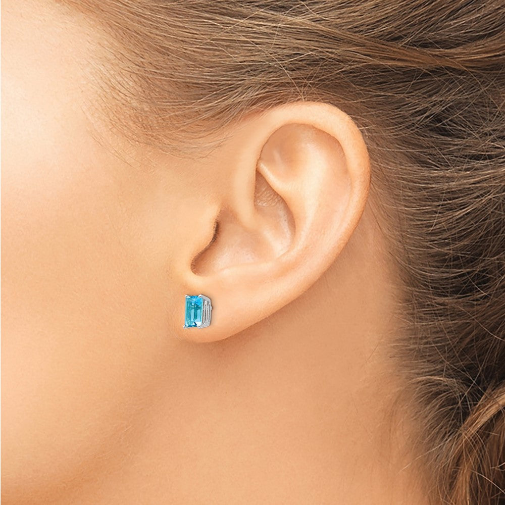 14K White Gold 7x5mm Emerald-cut Blue Topaz Stud Earrings