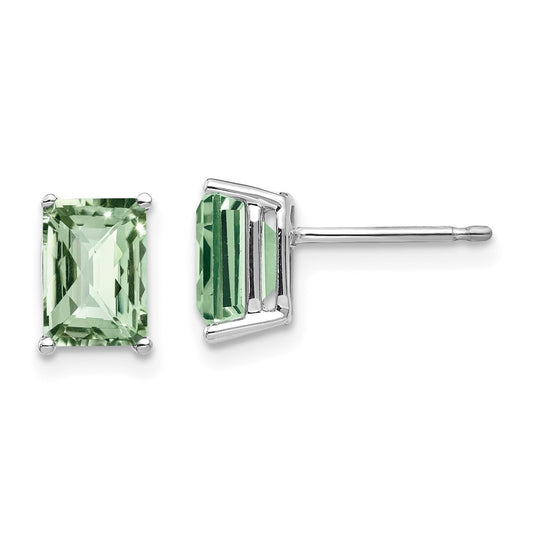 14K White Gold 7x5mm Octagon Checker-cut Green Quartz Earrings