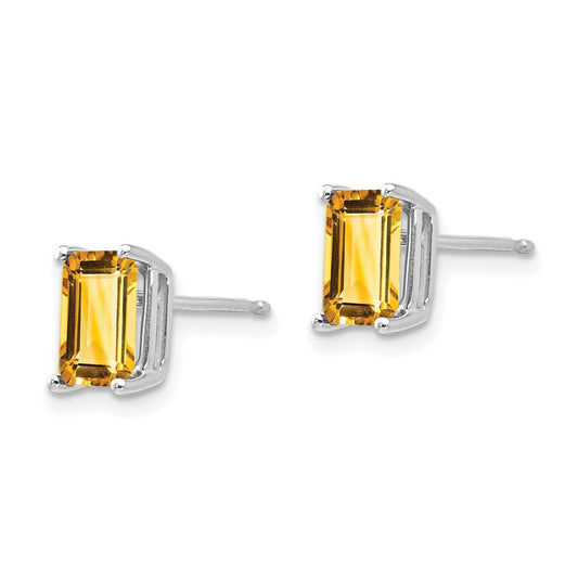 14K White Gold 7x5mm Emerald-cut Citrine Stud Earrings
