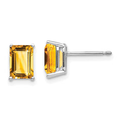 14K White Gold 7x5mm Emerald-cut Citrine Stud Earrings