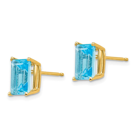 14K Yellow Gold 8x6mm Emerald-cut Blue Topaz Stud Earrings