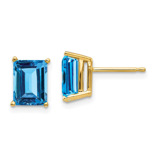 14K Yellow Gold 8x6mm Emerald-cut Blue Topaz Stud Earrings