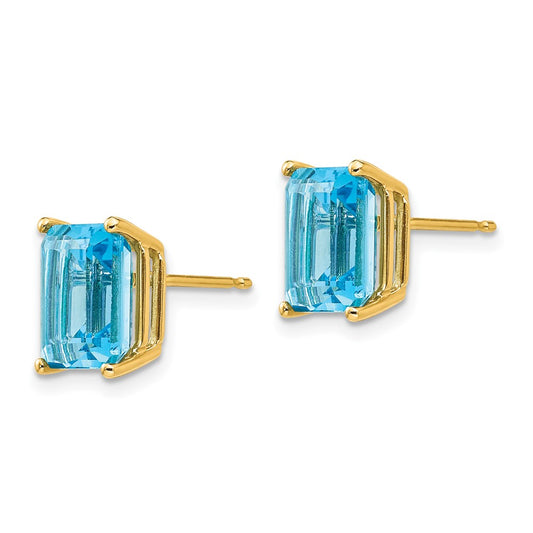 14K Yellow Gold 9x7mm Emerald-cut Blue Topaz Stud Earrings