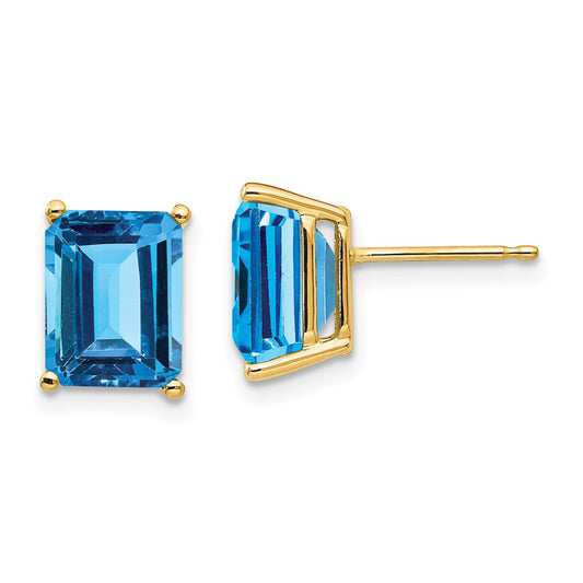 14K Yellow Gold 9x7mm Emerald-cut Blue Topaz Stud Earrings