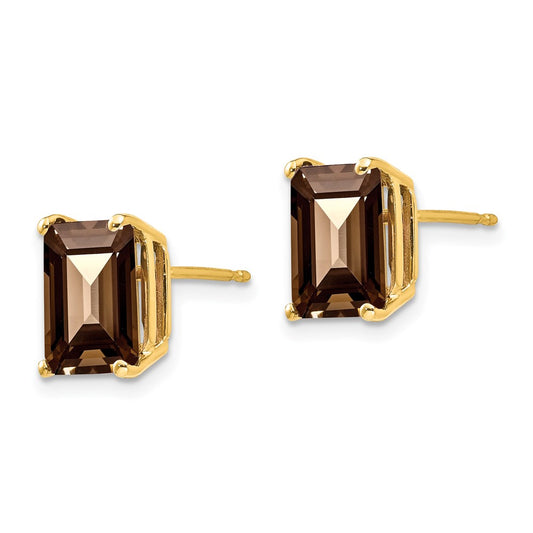 14K Yellow Gold 9x7 Emerald Smokey Quartz Stud Earrings