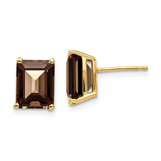 14K Yellow Gold 9x7 Emerald Smokey Quartz Stud Earrings