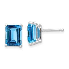 14K White Gold 9x7mm Emerald-cut Blue Topaz Stud Earrings