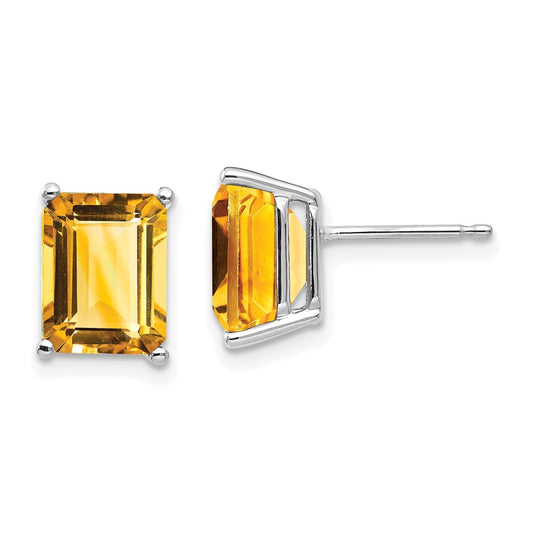 14K White Gold 9x7mm Emerald-cut Citrine Stud Earrings