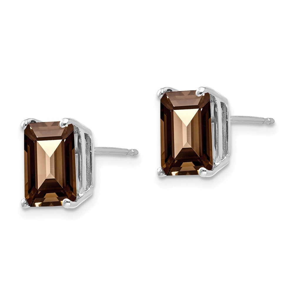 14K White Gold 9x7mm Emerald Smokey Quartz Stud Earrings