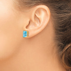 14K Yellow Gold 10x8mm Emerald-cut Blue Topaz Stud Earrings