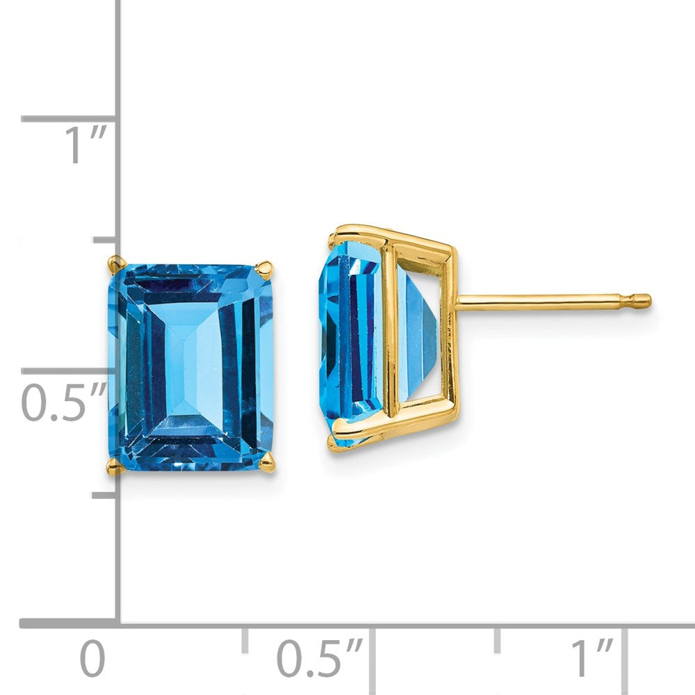 14K Yellow Gold 10x8mm Emerald-cut Blue Topaz Stud Earrings