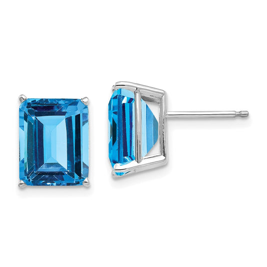 14K White Gold 10x8mm Emerald-cut Blue Topaz Stud Earrings