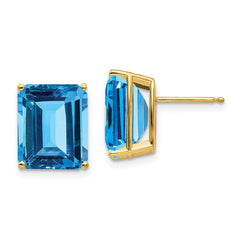 14K Yellow Gold 12x10mm Emerald-cut Blue Topaz Stud Earrings