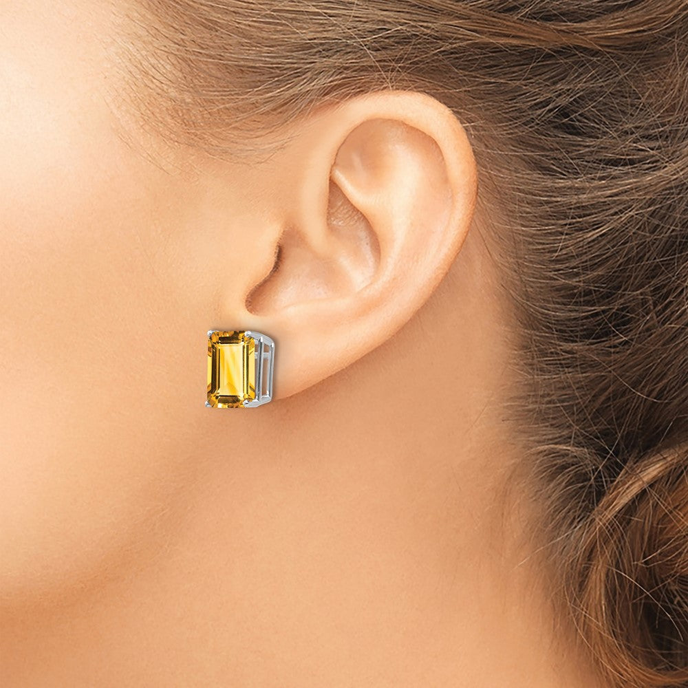 14K White Gold Emerald-cut Citrine Stud Earrings