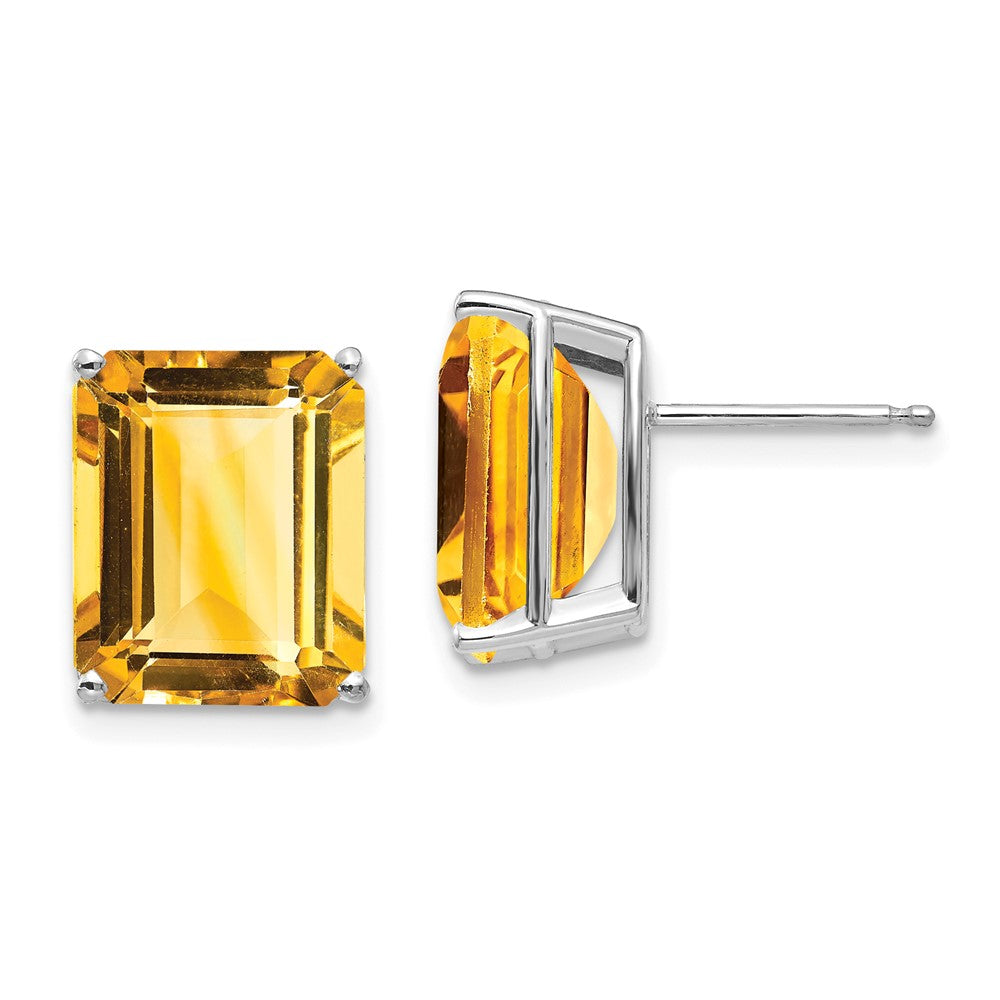 14K White Gold Emerald-cut Citrine Stud Earrings