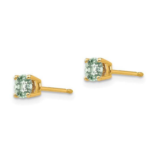 14K Yellow Gold 4mm Round Checker-cut Green Quartz Earrings