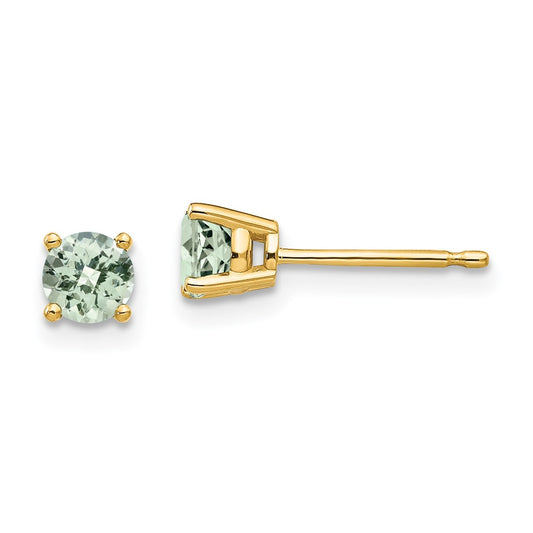 14K Yellow Gold 4mm Round Checker-cut Green Quartz Earrings