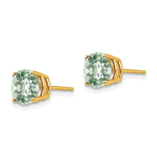 14K Yellow Gold 7mm Round Checker-cut Green Quartz Earrings