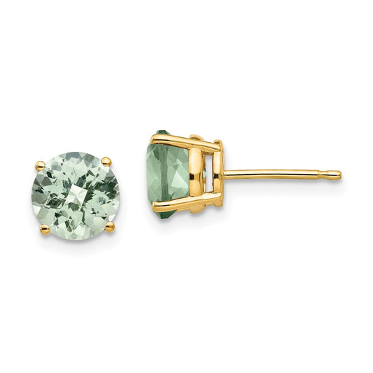 14K Yellow Gold 7mm Round Checker-cut Green Quartz Earrings