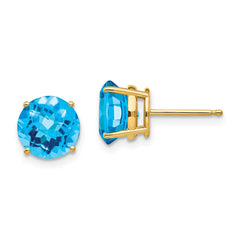 14K Yellow Gold 8mm Blue Topaz Checker Stud Earrings