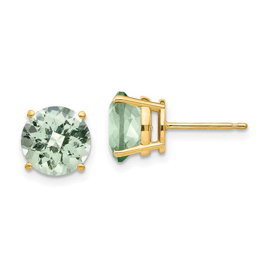 14K Yellow Gold 8mm Round Checker-cut Green Quartz Earrings