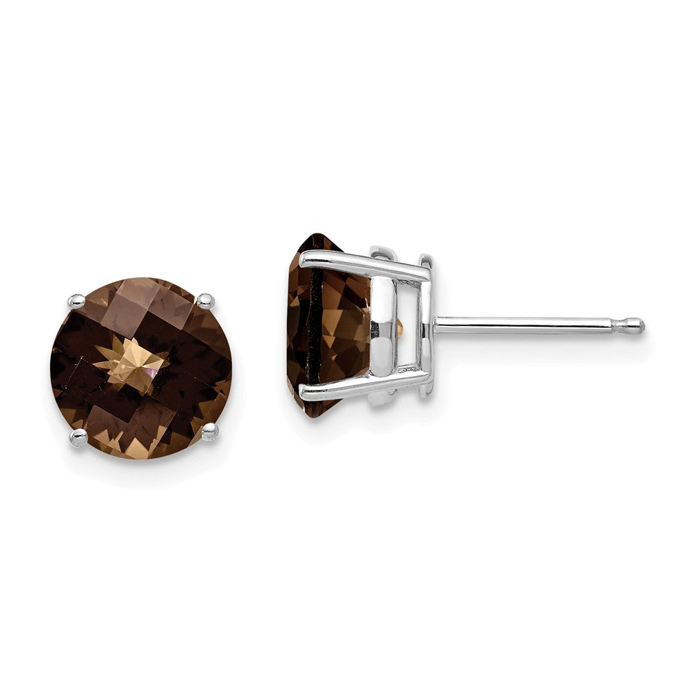 14K White Gold 8mm Round Checker-cut Smokey Quartz Stud Earrings