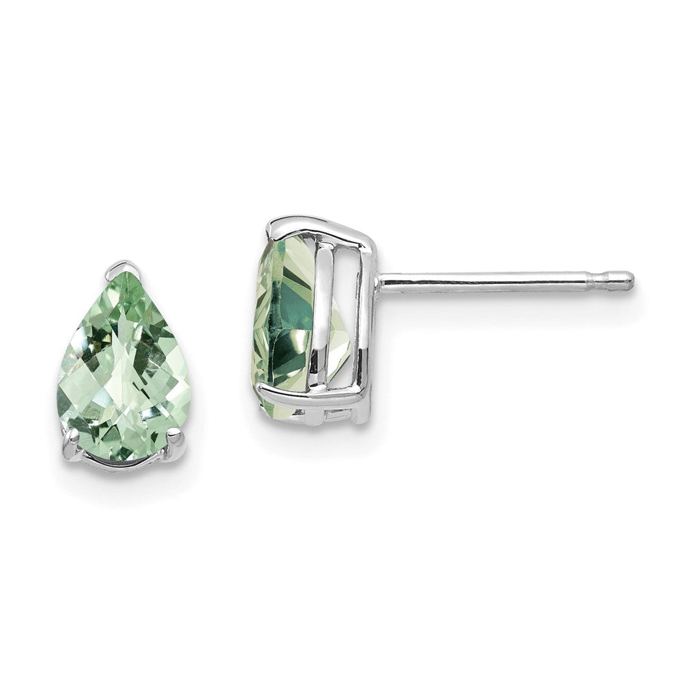 14K White Gold 7x5 Pear Checker-cut Green Quartz Earrings