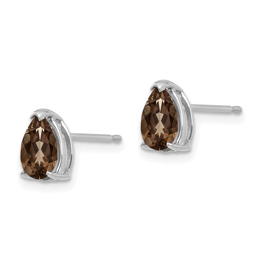14K White Gold 7x5 Pear Checker-cut Smokey Quartz Stud Earrings