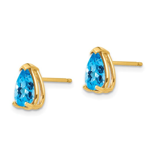 14K Yellow Gold 8x5mm Pear Blue Topaz Checker Stud Earrings