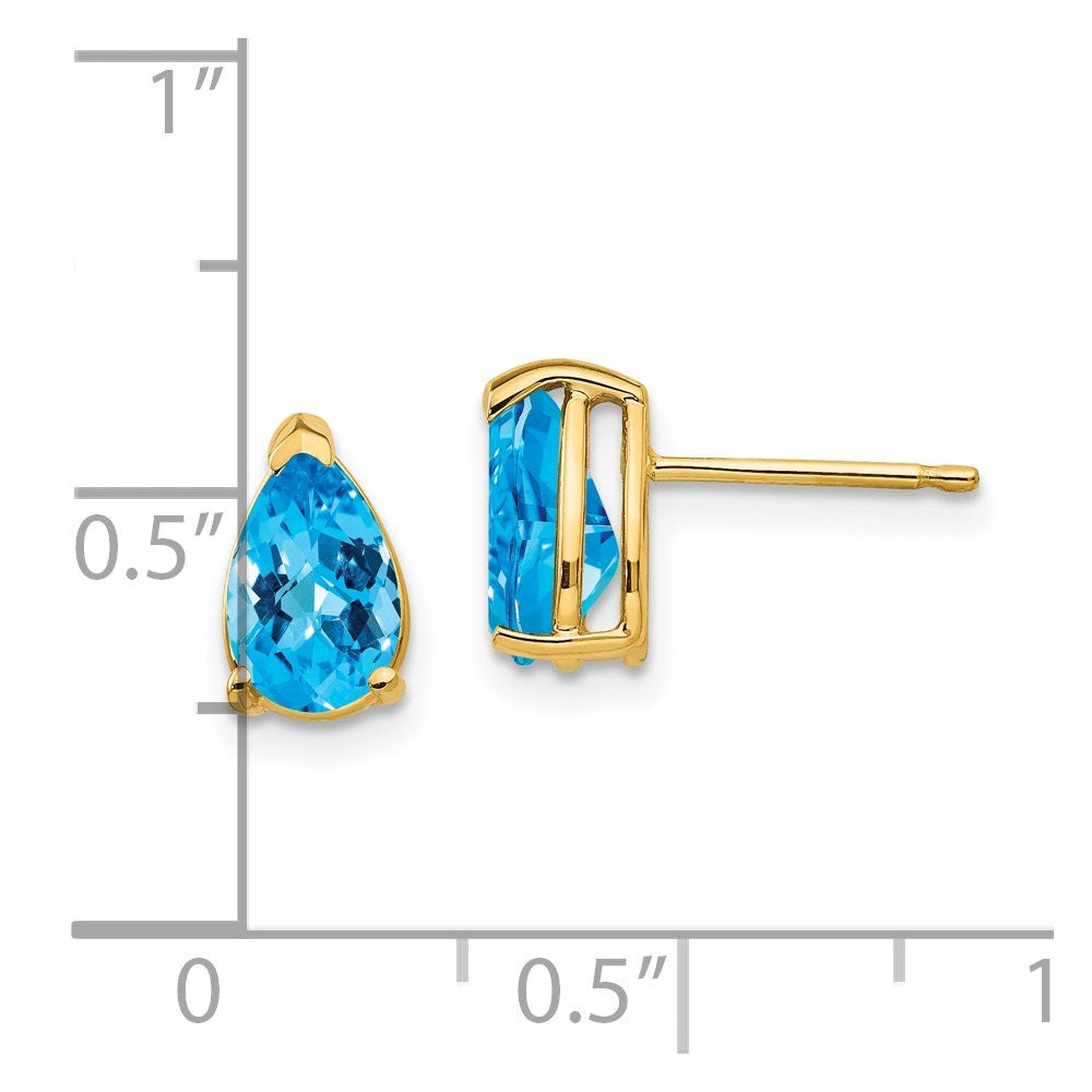 14K Yellow Gold 8x5mm Pear Blue Topaz Checker Stud Earrings