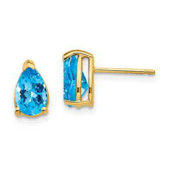 14K Yellow Gold 8x5mm Pear Blue Topaz Checker Stud Earrings