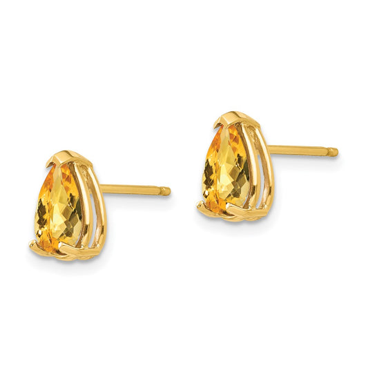 14K Yellow Gold 8x5mm Pear Citrine Checker Stud Earrings