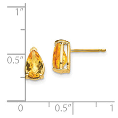 14K Yellow Gold 8x5mm Pear Citrine Checker Stud Earrings