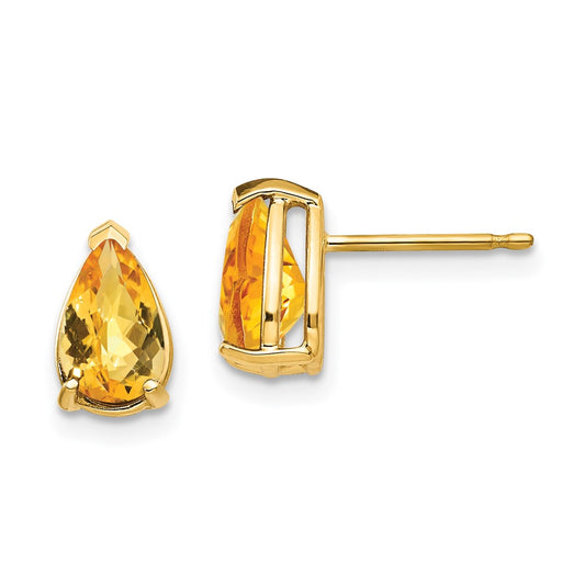 14K Yellow Gold 8x5mm Pear Citrine Checker Stud Earrings