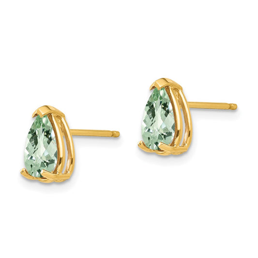 14K Yellow Gold 8x5 Pear Checker-cut Green Quartz Earrings