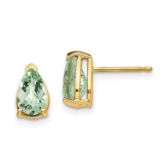 14K Yellow Gold 8x5 Pear Checker-cut Green Quartz Earrings