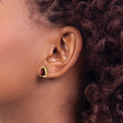 14K Yellow Gold 8x5mm Pear Garnet Checker Stud Earrings